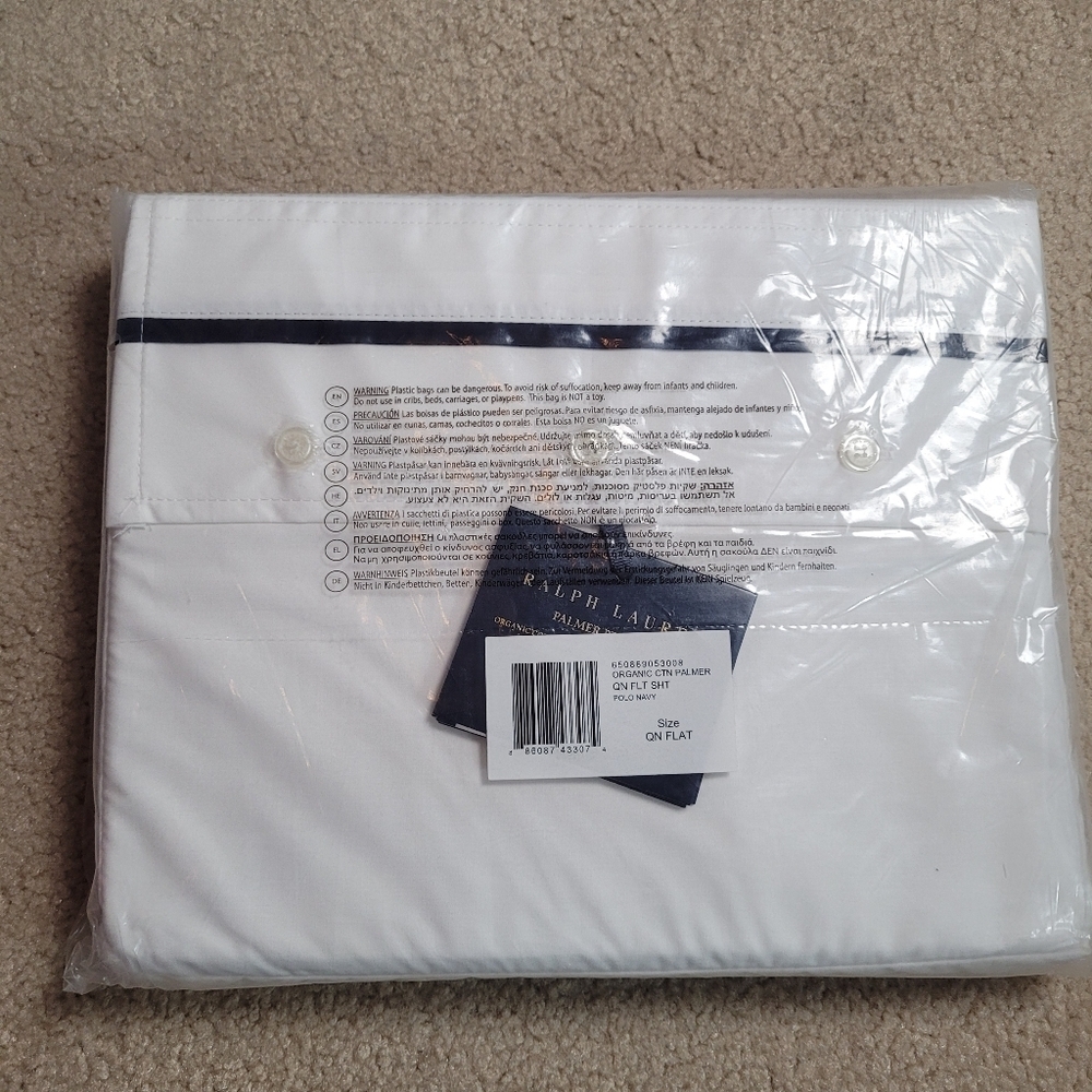New Ralph Lauren Organic Cotton Palmer Percale Queen Flat Sheet White/ Polo Navy